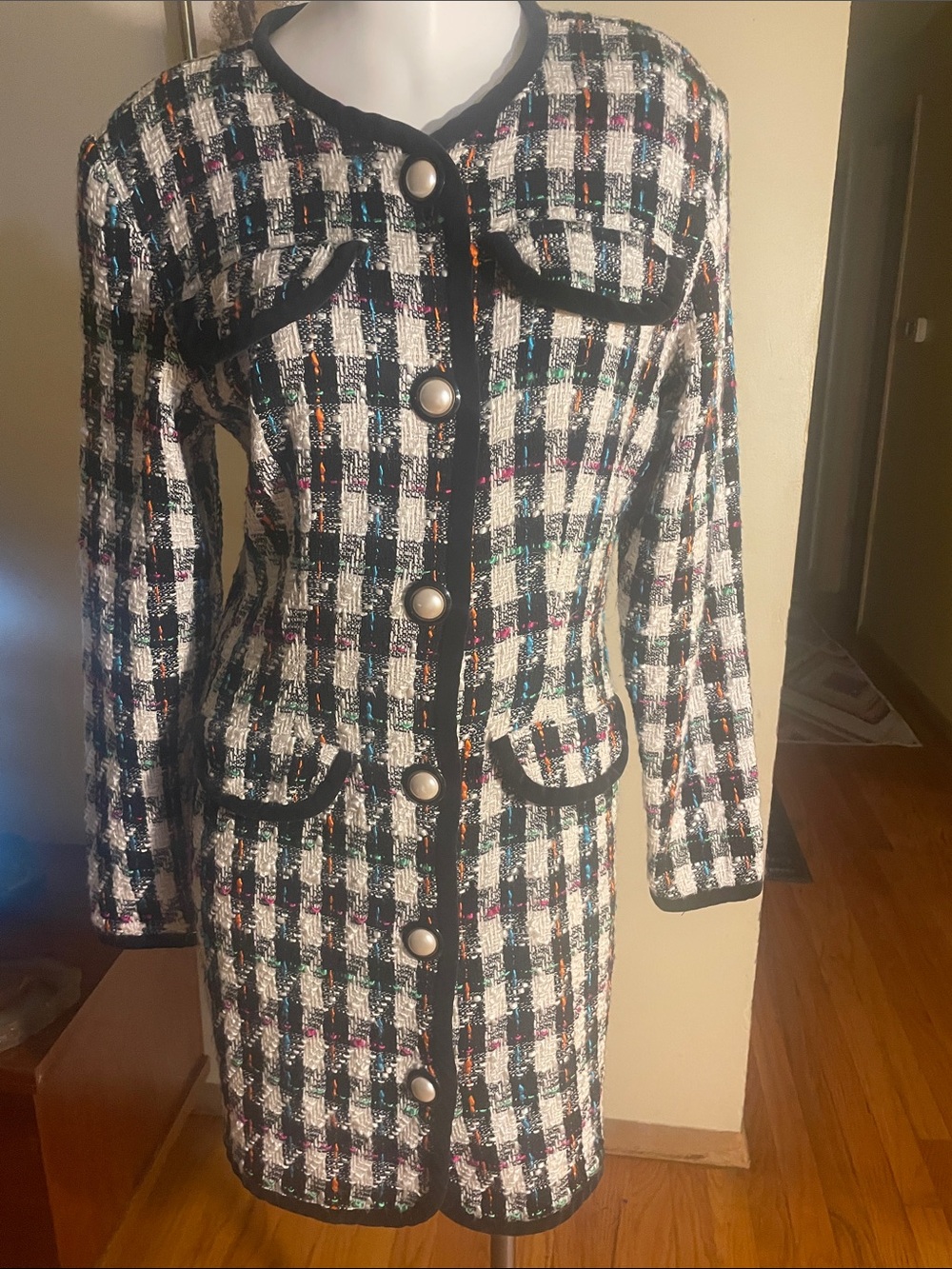 Le Chateau Classic Black & White Tweed Wool Blend Dress with Pearl-esque Buttons